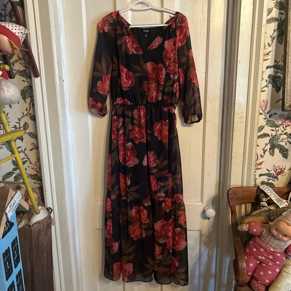 a.n.a Black Maxi Dress with Red Floral Design